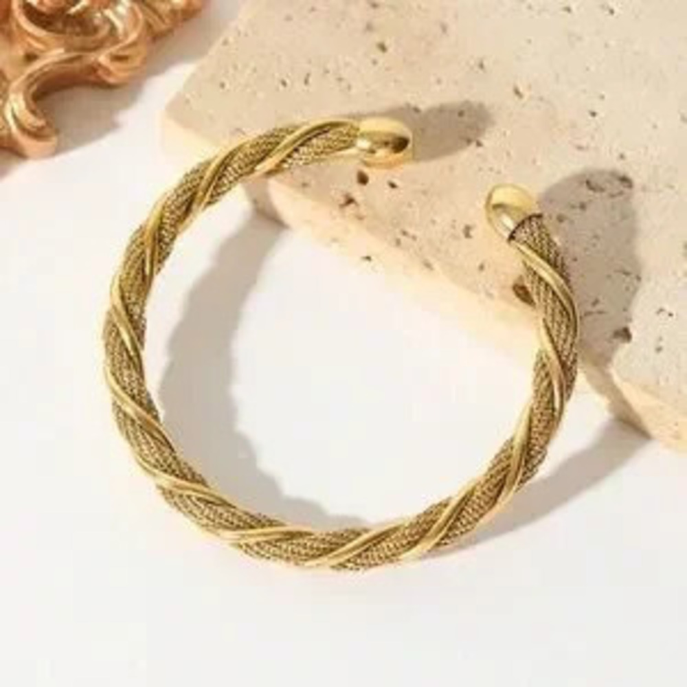 Gold Plated Stainless Steel Braided Cuff Bracelet Adjustable Open Bangle